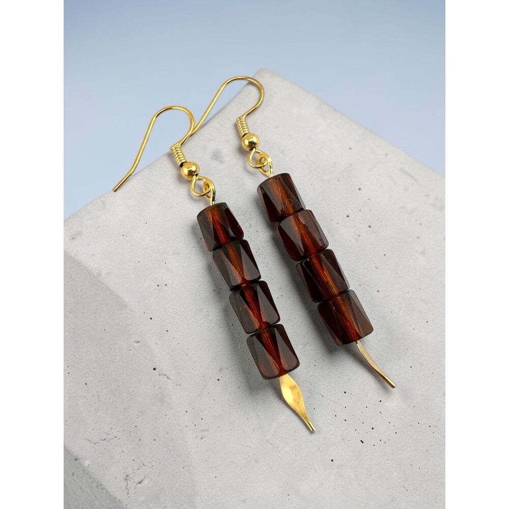 Amber Brown Czech Glass Earrings Gold Plated Faceted Dangle Minimalist Handmade - Picture 6 of 10